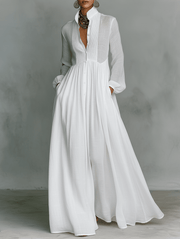 Veronica | Maxi Minimalist in Cotton and Linen with Patchwork, High Collar and Long Sleeves