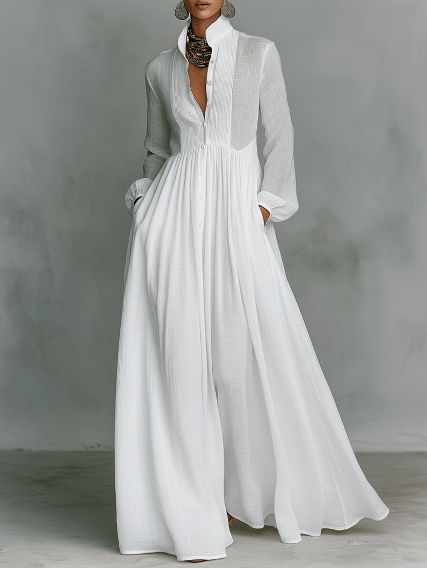 Veronica | Maxi Minimalist in Cotton and Linen with Patchwork, High Collar and Long Sleeves