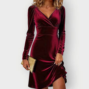 Anorah - Velvet V-Neck Ruched Cocktail Dress