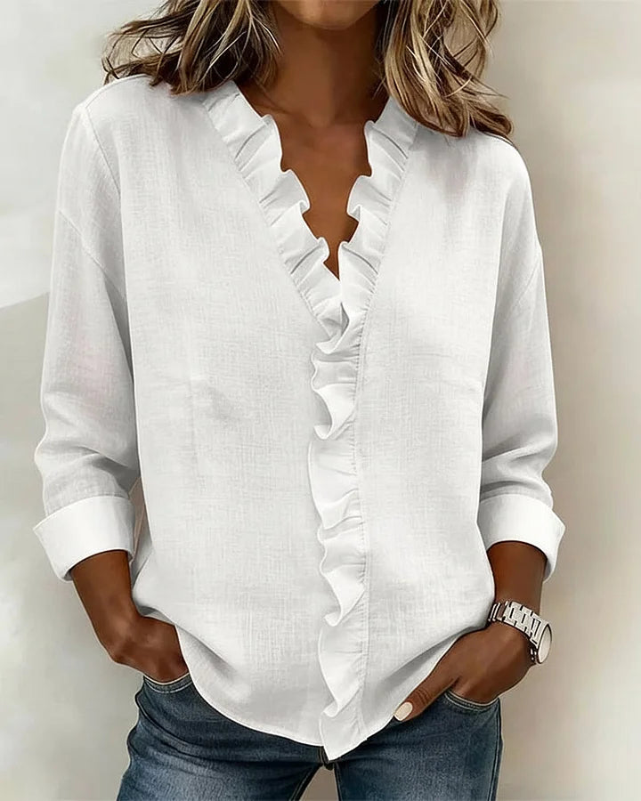 Florence | Blouse with Ruffles, V-Neck and Long Sleeves