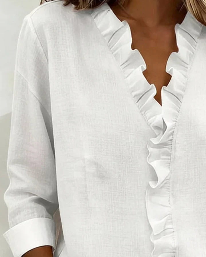Florence | Blouse with Ruffles, V-Neck and Long Sleeves
