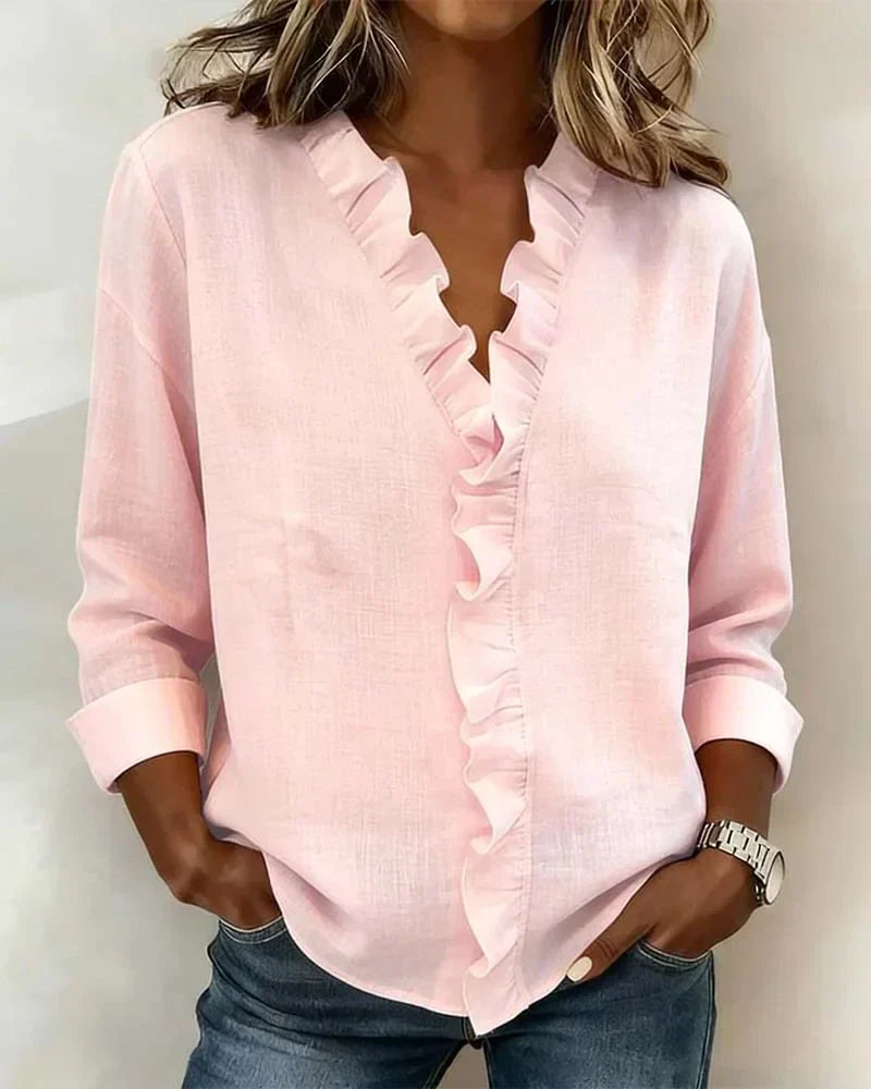 Florence | Blouse with Ruffles, V-Neck and Long Sleeves