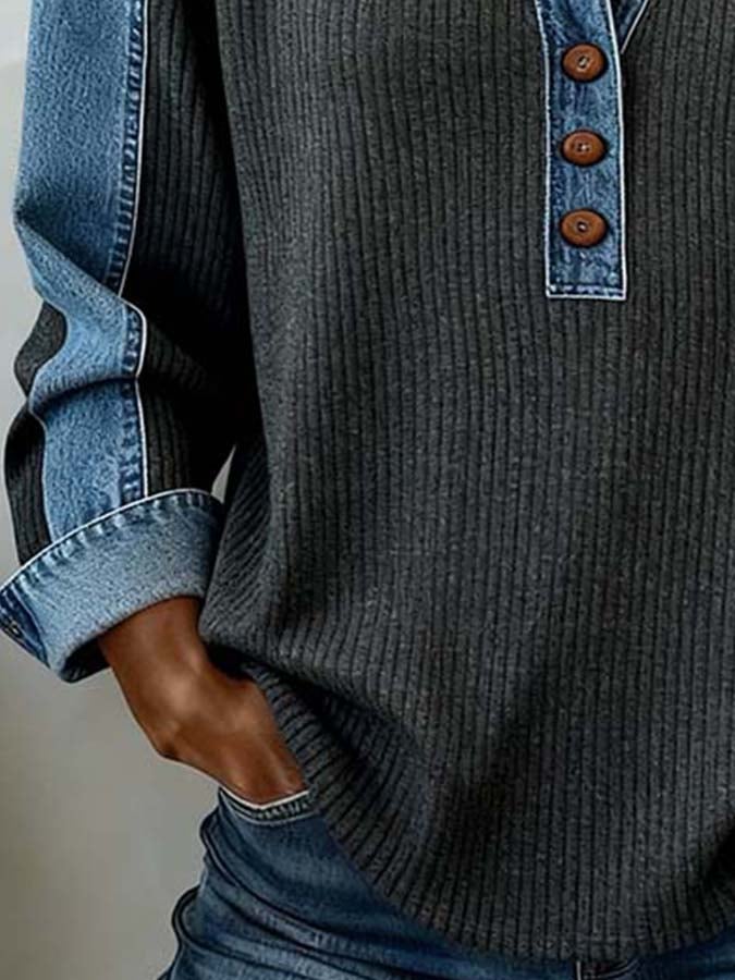 Women'S Casual Contrast Color Stitching Pullover Sweatshirt