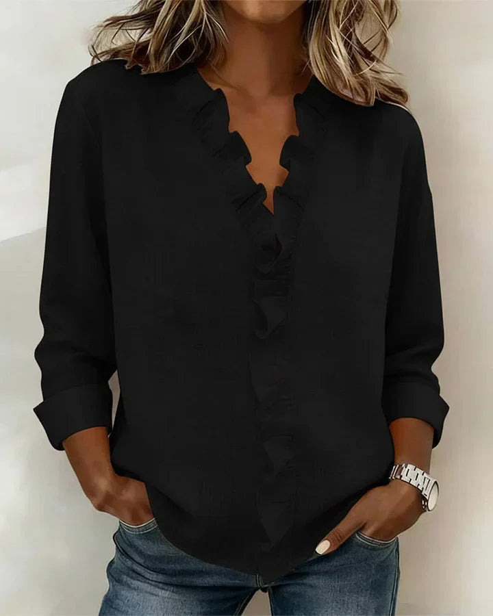 Florence | Blouse with Ruffles, V-Neck and Long Sleeves