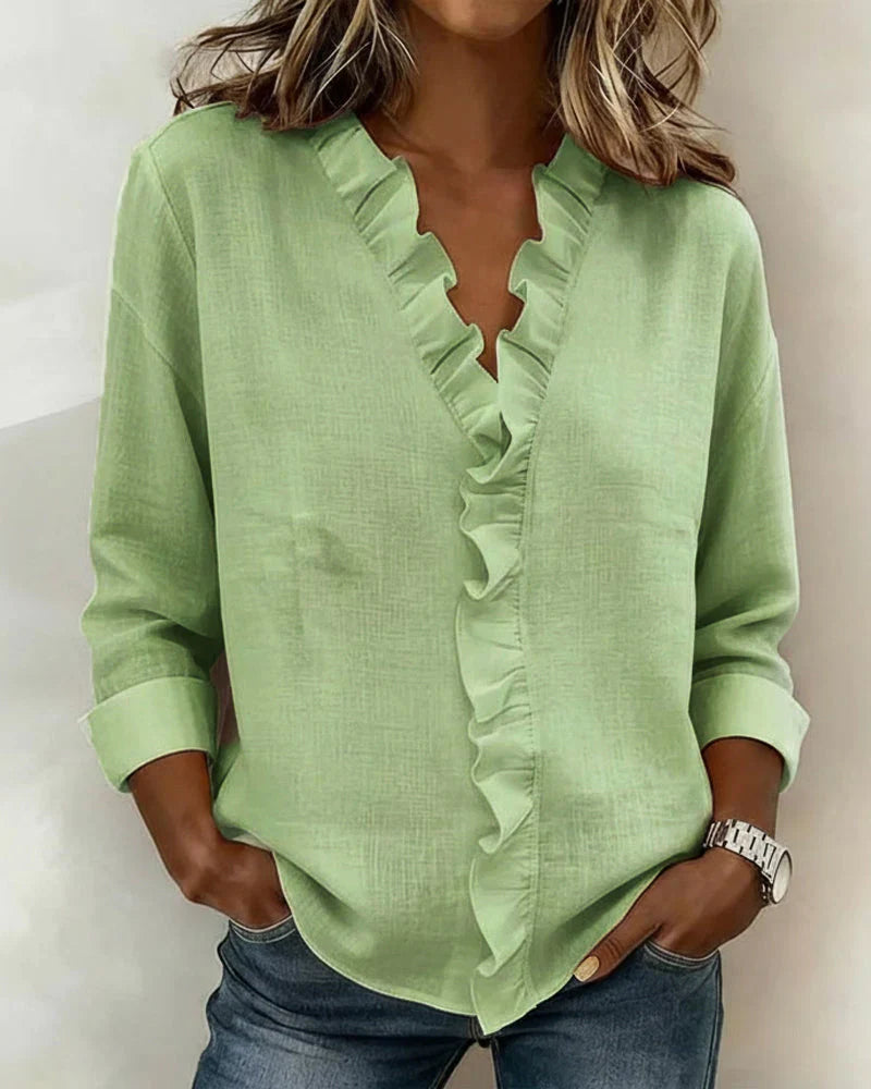 Florence | Blouse with Ruffles, V-Neck and Long Sleeves