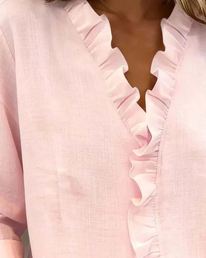 Florence | Blouse with Ruffles, V-Neck and Long Sleeves