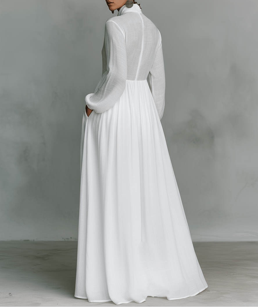 Veronica | Maxi Minimalist in Cotton and Linen with Patchwork, High Collar and Long Sleeves