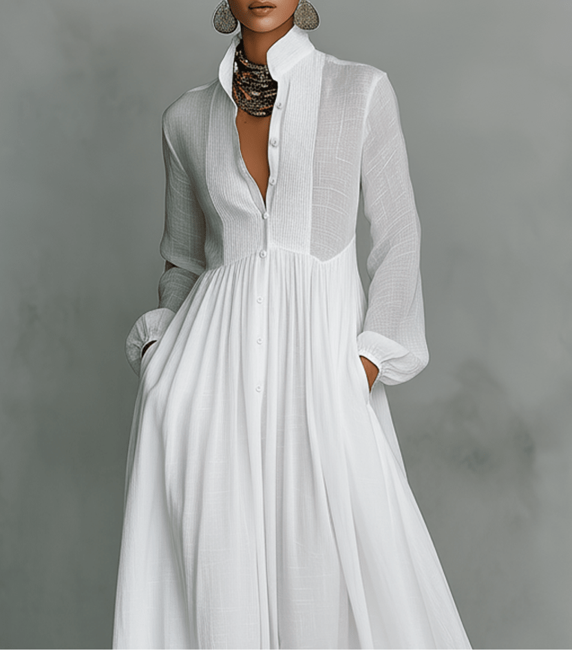Veronica | Maxi Minimalist in Cotton and Linen with Patchwork, High Collar and Long Sleeves