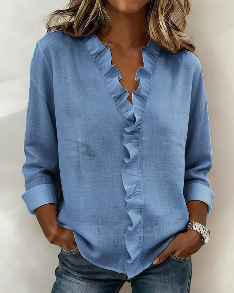 Florence | Blouse with Ruffles, V-Neck and Long Sleeves