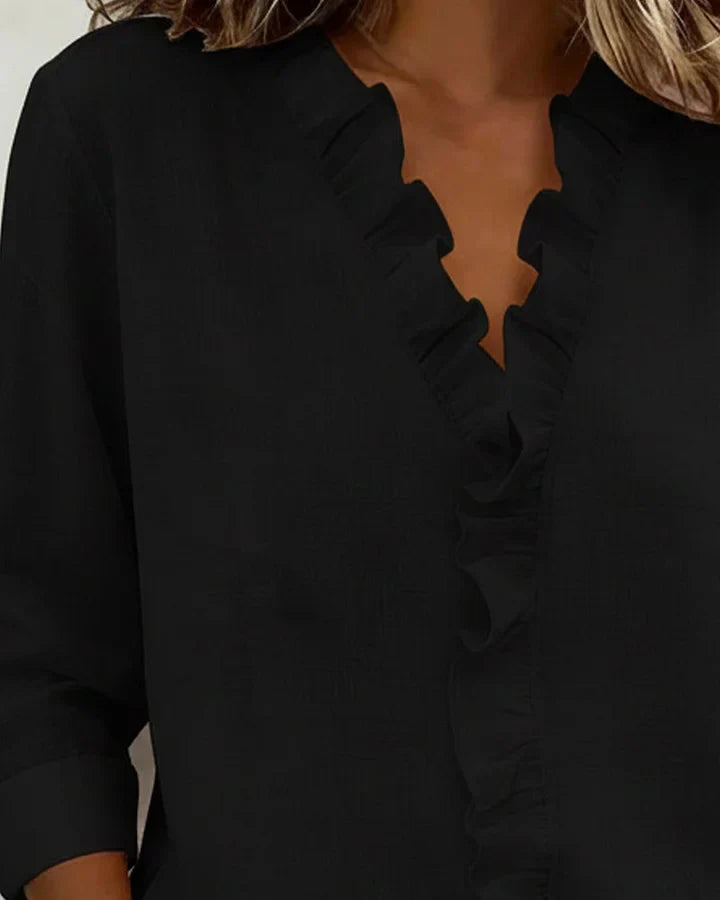 Florence | Blouse with Ruffles, V-Neck and Long Sleeves