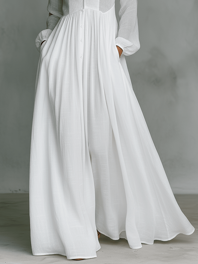 Veronica | Maxi Minimalist in Cotton and Linen with Patchwork, High Collar and Long Sleeves