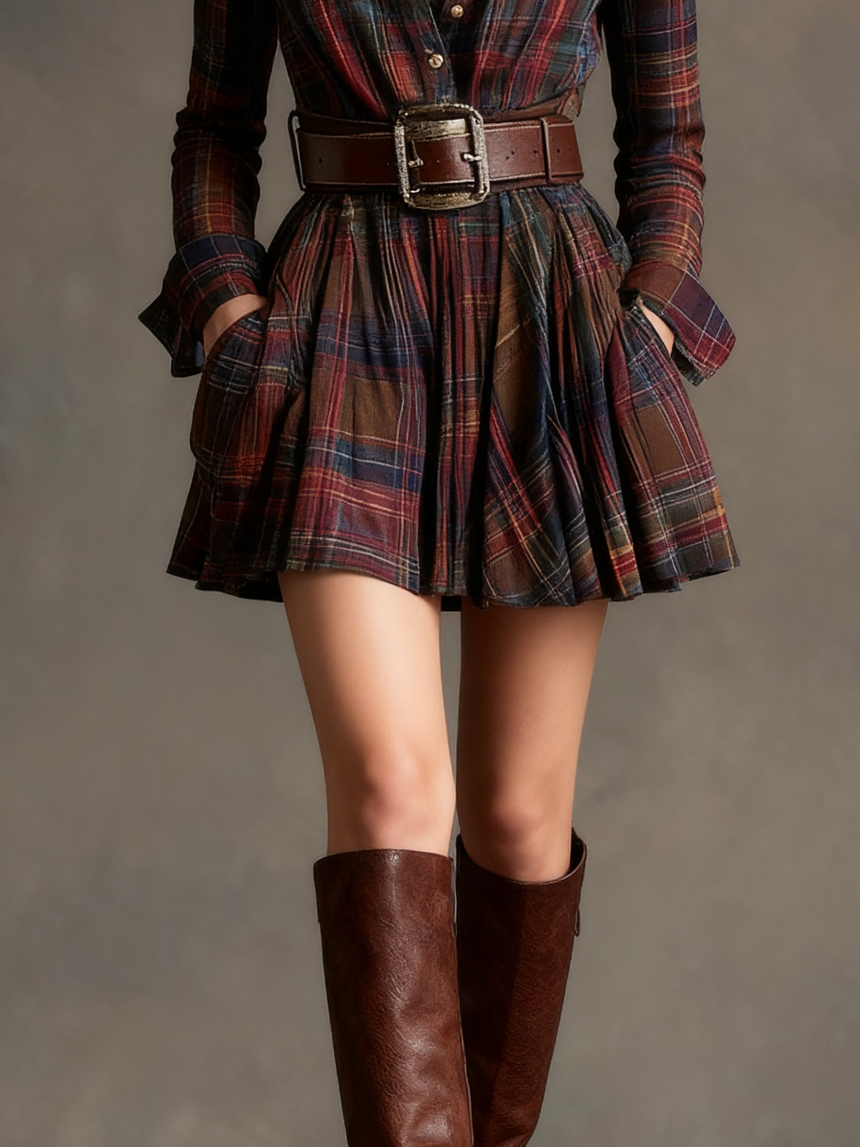 Vintage Red and Brown Checked Mini Dress (Includes Belt)